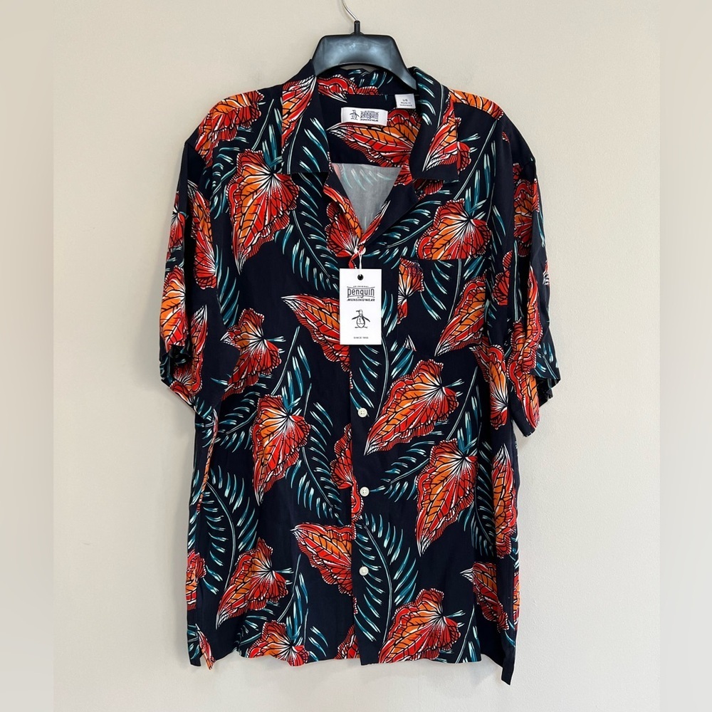 Original Penguin NWT Leaves Short Sleeve Button Down Slim Fit Camp Shirt, L - Picture 2 of 11